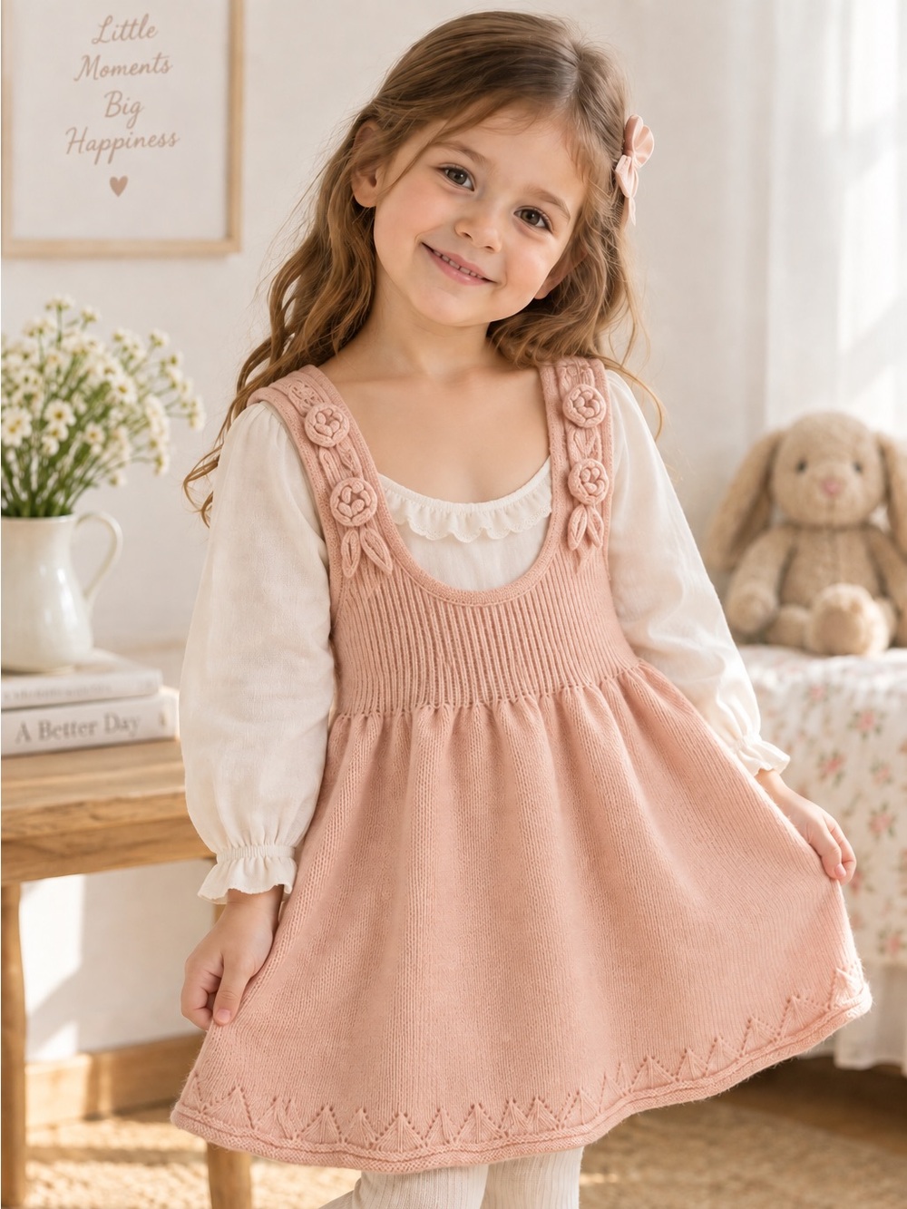Vintage Blush Pink Knit Dress, Girls Floral Appliqué Dress, Sleeveless Cottageco
